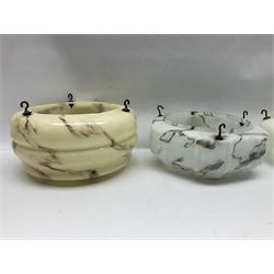 Six Art Deco glass fly catcher light shades, including marbled, mottled and frosted glass examples, largest D31cm