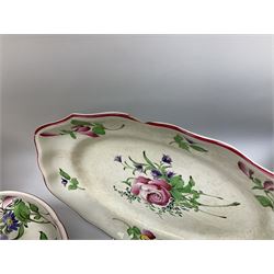 Matched Copeland Spode, Spode and French Luneville and Marlborough Sprays pattern dinner and tea wares, comprising two tureen and covers and apple finials, two sauce tureen and covers with pear finials and fixed stands, six graduated platters including two pairs, large plate, thirteen dinner plates, twelve bowls, ten smaller bowls, eight side plates, eleven smaller side plates, teapot, twin handled sucrier and cover with apple finial, open sucrier, cream jug, smaller cream jug, four breakfast cups, eight tea cups, four large saucers, eleven smaller saucers, and nine further smaller saucers. 