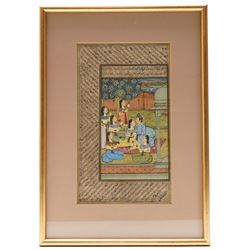 After Muhammad Daulat or 'Dawlat' (Mughal School fl.1595-1640): Water Buffalo Fighting, ink watercolour and gold on paper indistinctly signed 12cm x 22cm; together with two further Mughal pictures, depicting a composite camel and rider, and a Prince and harem in a garden setting (3)
