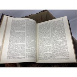 Thirty six volumes of Encyclopaedia Britannica with gold tooled red leather spines in various editions 