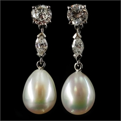  Pair of 18ct white gold South Sea pearl, marquise and round brilliant cut diamond pendant ear-rings, stamped 750, each round diamond approx 0.5 carat  