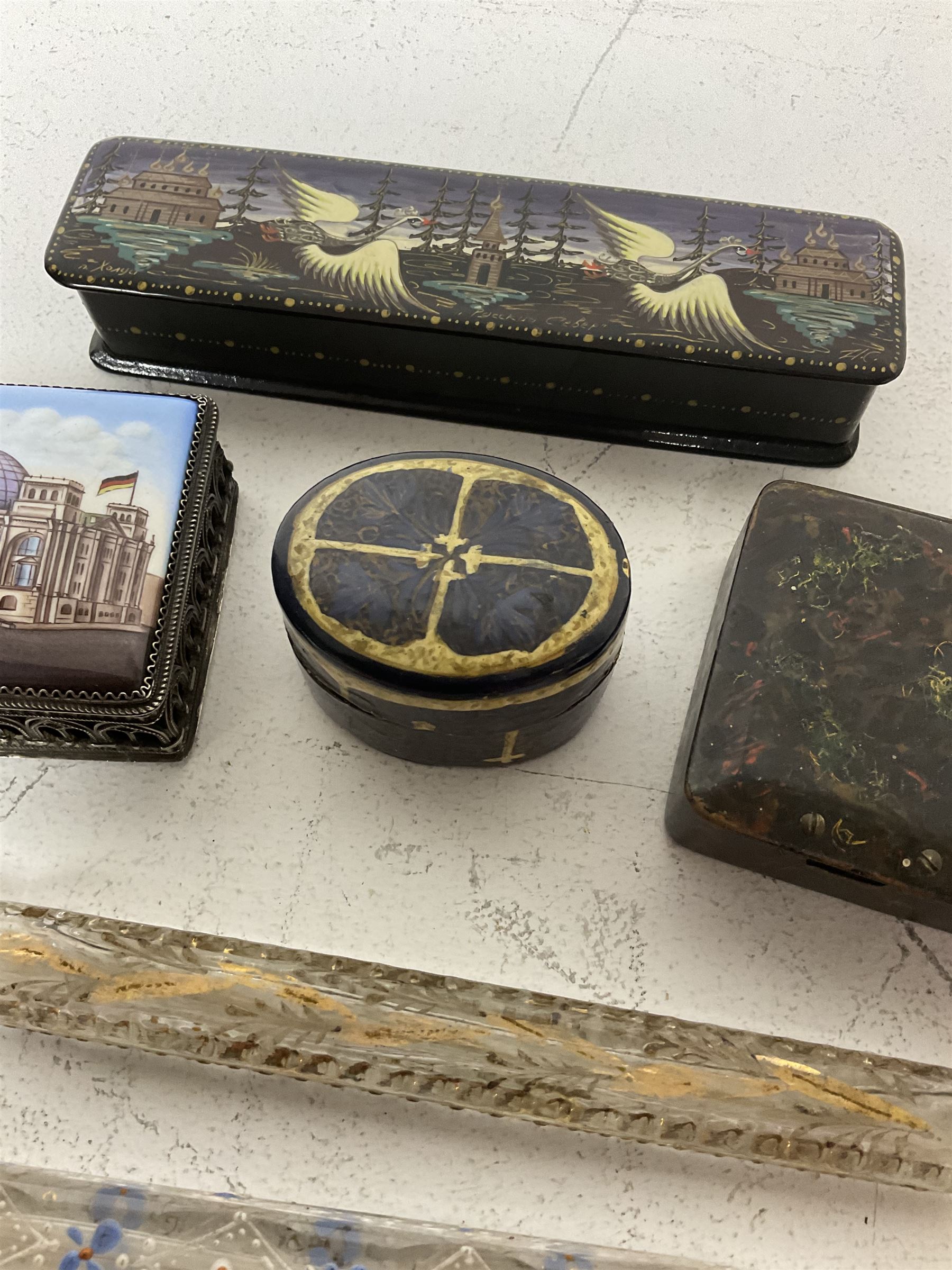 Two 19th century glass tear catcher lachrymatory bottles, together with a Japanese lacquered box and two similar, a trinket box with ceramic cover and a small pewter figure of Confucius