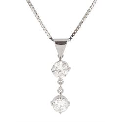 White gold two stone round brilliant cut diamond pendant, on 18ct white gold box link chain necklace, total diamond weight approx 1.00 carat 