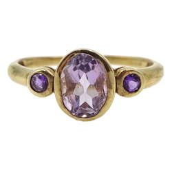 9ct gold oval and round amethyst rubover set ring, hallmarked