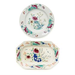 18th century Bow porcelain canted rectangular plate, painted in polychrome chinoiserie and...