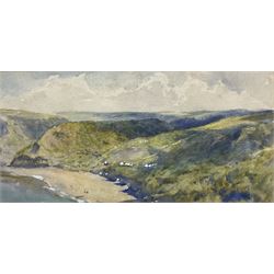 John Spence Ingall (Staithes Group 1850-1936): 'Runswick Bay - looking over the Sands to Hob Holes', watercolour signed, titled on label verso 16cm x 34cm 
Provenance: a wedding present to the artist's godson, Peter Hill, in 1935, thence by descent through the family of Mark Senior. Peter Hill, born 1909, was the son of Ingall's friend and fellow Staithes Group member Rowland Henry Hill.