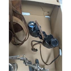 Three pairs of binoculars including Wrayvu 8x30 and Busch Hellux, together with a tabletop magnifying glass