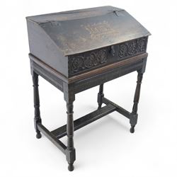 18th century carved oak Bible box on stand, the sloping lid with incised initials ‘MD’ and...