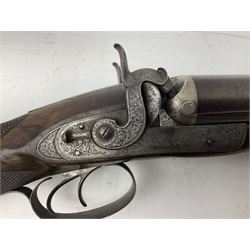 19th century John Jefferson of Scarborough 6-bore (modern 4-bore) double barrel side-by-side percussion gun, with 81cm stub twist damascus barrels (no provision for ramrod), well figured walnut stock with fine chequered grip and fore-end with horn tip and steel butt plate with long tang, well engraved lock and hammers with half-cock safeties on both sides, barrel sling swivel but rear sling swivel removed and replaced with silver escutcheon, London proofmarks, NVN, L128cm