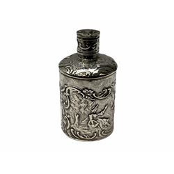 Cut glass perfume bottle of bellied form, the silver mounted cover with turquoise guilloche enamel top, hallmarked Henry Perkins & Sons, London 1927, together with a cut glass perfume bottle with silver mounted and yellow guilloche enamel lid, hallmarked Albert Carter, Birmingham 1950, Continental silver perfume bottle, of barrel form with embossed figural detail, stamped 930, scent bottle of bellied form with white metal foliate pierced overlay, amethyst glass scent bottle of flask form with foliate embossed white metal cover and suspension ring and chain, and three further examples, including one of ovoid form with painted decoration and silver cover, hallmarked for Birmingham.