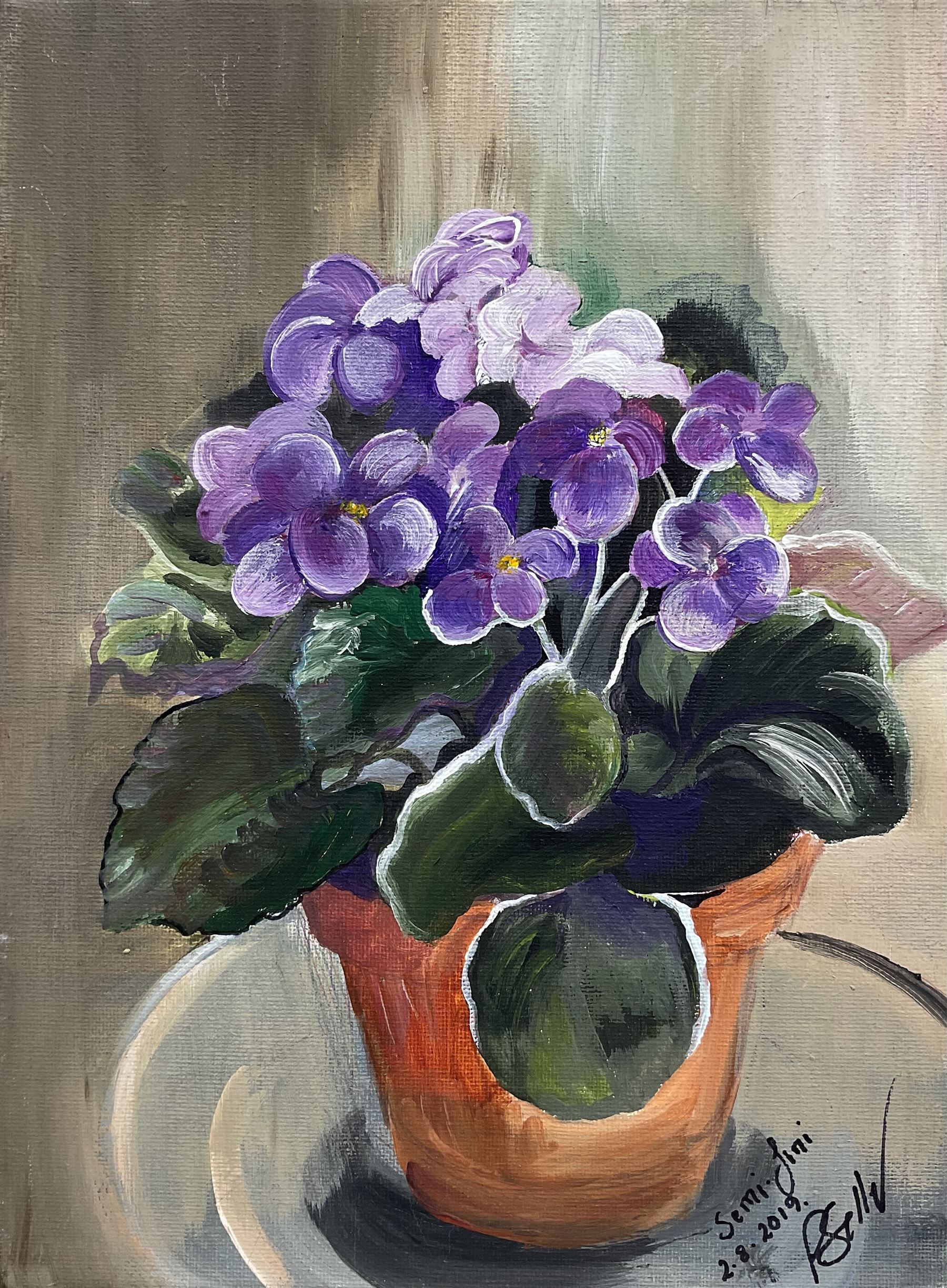 Paula Seller (Yorkshire Contemporary): 'African Violet', acrylic on canvas signed and dated 2019, titled verso 30cm x 22cm