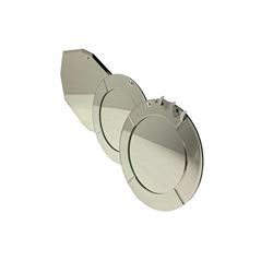 Pair circular mirrors, bevelled mirror frame; and shaped rectangular frameless mirror with bevelled plate (3)
