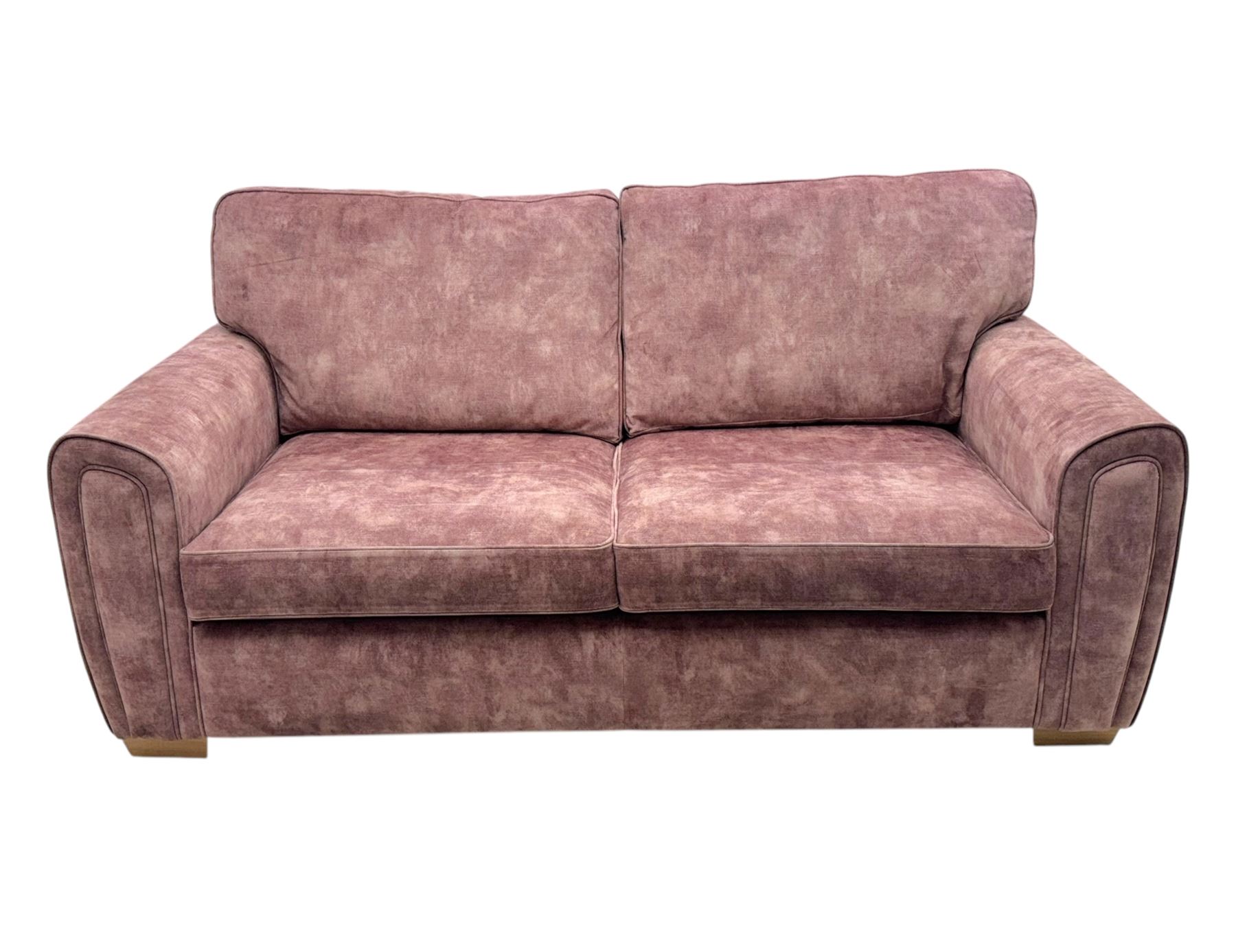 Contemporary Alstons ‘Memphis’ sofa bed, upholstered in ‘Dusk Velvet’ polyester blend, featuring broad arms, two seat cushions, and a concealed fold-out metal action bed with mattress