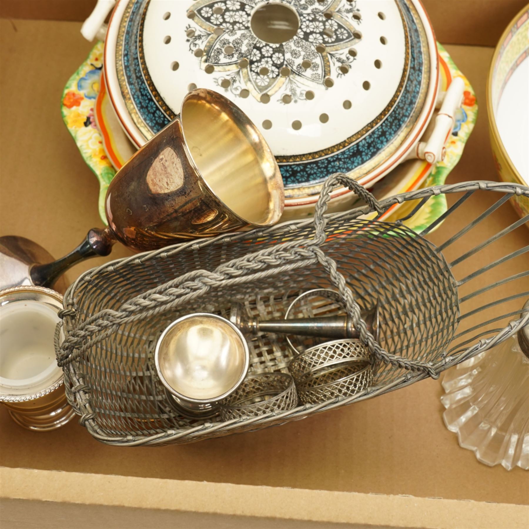 Royal Worcester Versailles pattern bowl, Copeland bowl, Crown Devon dish, silver plate etc, in one box