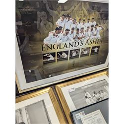 Collection of cricket memorabilia, including three black and white prints of Sir Ian Botham, colour print of Sir Ian Botham, signed limited edition Ashes Winners print, and a framed piece of The Times 1895, all framed, largest H70cm