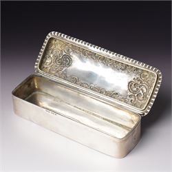 Late Victorian silver dressing table box of rectangular form with embossed hinged lid and engraved with a monogram with crimped border W15.5cm Chester 1896 Maker King & Sons