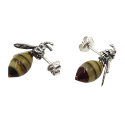 Pair of silver Baltic amber bee stud earrings, stamped 925