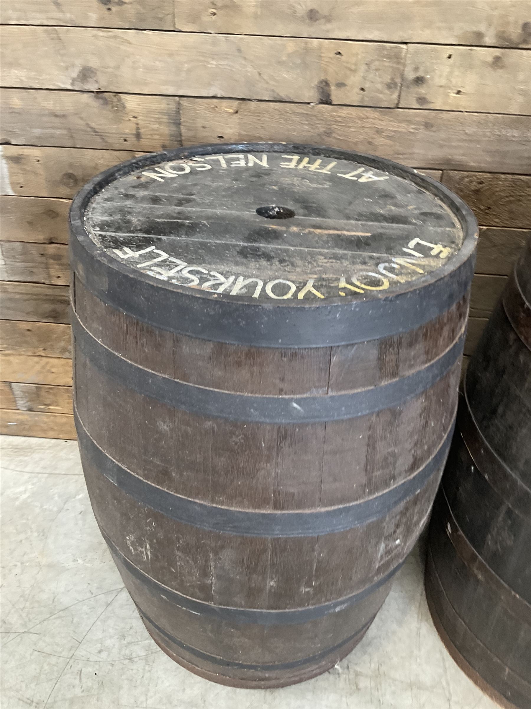 Four coopered barrel pub tables 