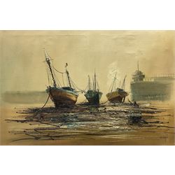 John Bampfield (British 1947-): Cornish Moorings at Low Tide, oil on canvas signed 60cm x 90cm
