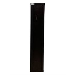 Modern black painted steel gun cabinet, of tall rectangular form with hinged front door fitted with dual lock mechanism, interior with foam base insert and pre-drilled mounting holes to back panel