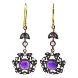 Pair of cabochon amethyst, pearl and diamond pendant earrings