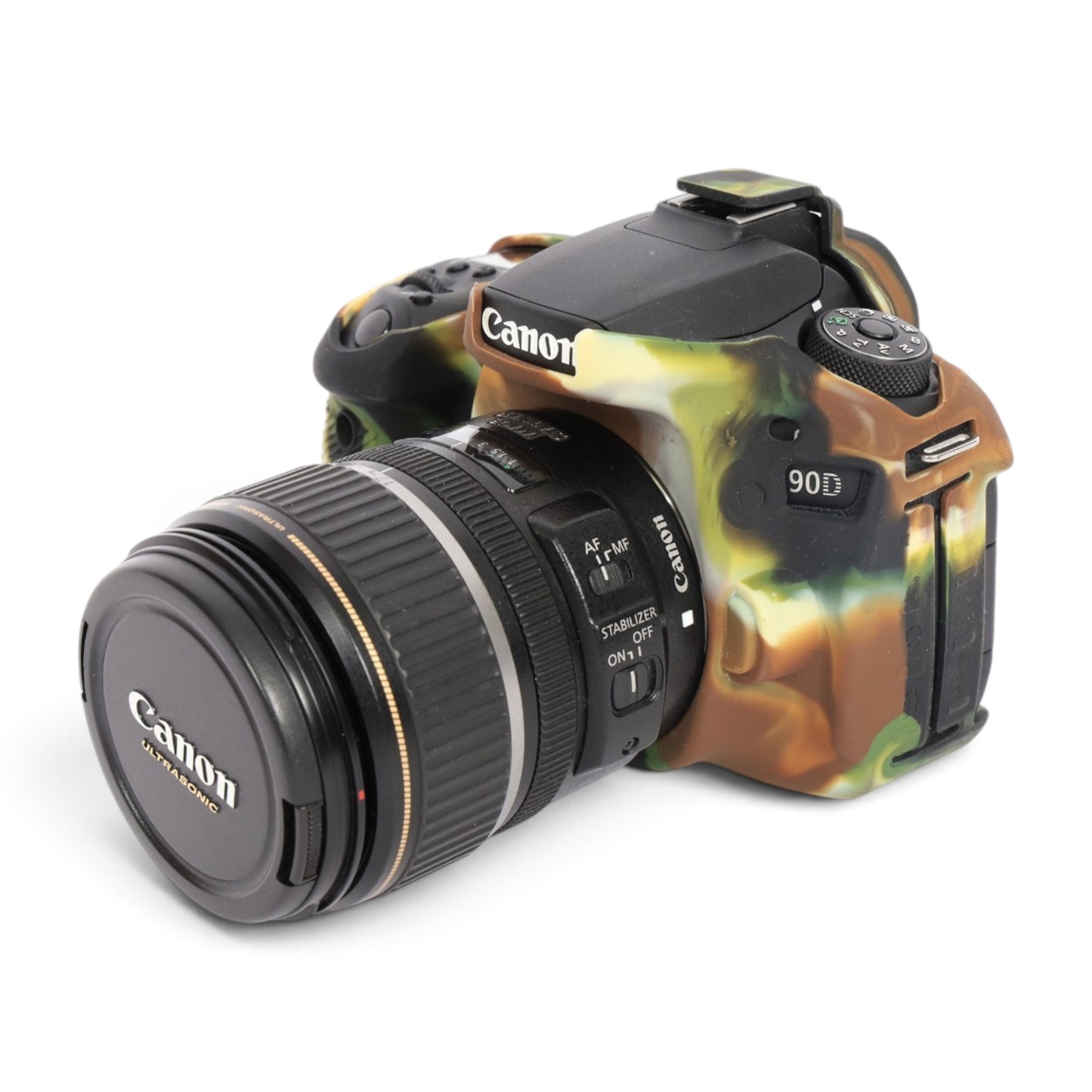 Canon EOS 90D DSLR camera body serial no. 064051002694, in a silicon camouflage case, with a Canon EF-S 17-85mm 1:4-5.6 Image Stabilising Ultrasonic zoom lens serial no. 4512926109, Canon Extender EF 1.4 x III and other accessories including Lowepro carry case, Visionary clamp, Canon Speedlite 430 EXII, Ultimaxx Grip Stabiliser, Newell Dual Battery Charger, Very100 sight, Olympus OM-D EE-1 dot sight, various filters, etc