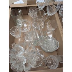 Collection of crystal and glassware, including pair of Stuart Crystal wine glasses, other Stuart Crystal glasses, etched balloon glasses and a collection of other glassware, in two boxes