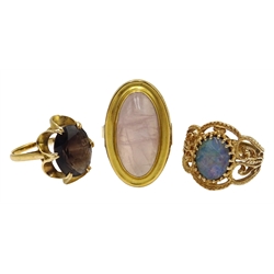  Gold opal filigree set ring, gold smoky quartz ring, both hallmarked 9ct and gold-plated oval cabochon pink quartz ring  