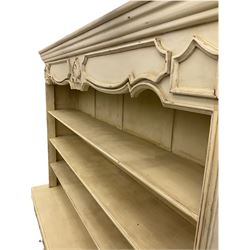 Large French style cream painted dresser, fitted with four cupboards and three tier plate rack