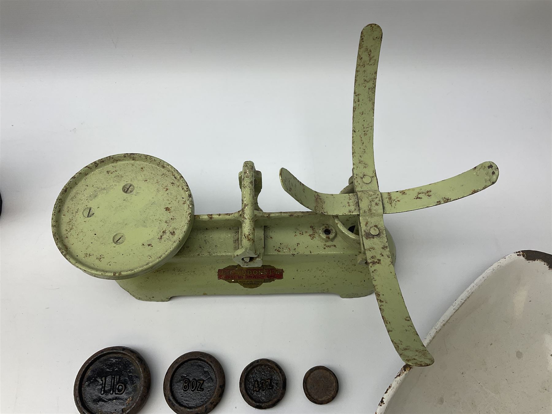 Chalwyn Tropic oil lamp, together with additional glass for Chalwyn lamps and vintage green painted metal Siddons kitchen scales with weights