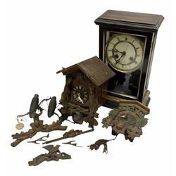 Mantle clock H35cm together with two cuckoo clocks, with foliage decoration. 