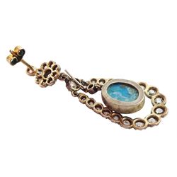 Pair of 19th / early 20th century gold and silver turquoise and old cut diamond pendant earrings, detachable oval cabochon turquoise pendants suspended within graduating diamond surround, total diamond weight approx 2.40 carat