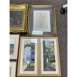 Collection of watercolours and other pictures, artists including FW Ridley (pair), AD Bell (pair unframed), James Orrock, Mel Fowler, Gianni, Michael Major (of Scalby Mills near Scarborough), still life oil in gilt frame, Whistler print, Japanese paintings on silk, etc