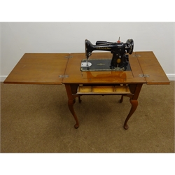  Walnut work table with built in Singer 201K sewing machine, W65cm, H79cm, D45cm  