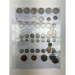 Interesting collection of 18th century and later Commonwealth and international coins, including India, Rhodesia, South Africa, Spain, Italy, Netherlands, Palestine, Russia, canada, Greece, Jersey, Guernsey, Germany, France, etc, including many silver examples
