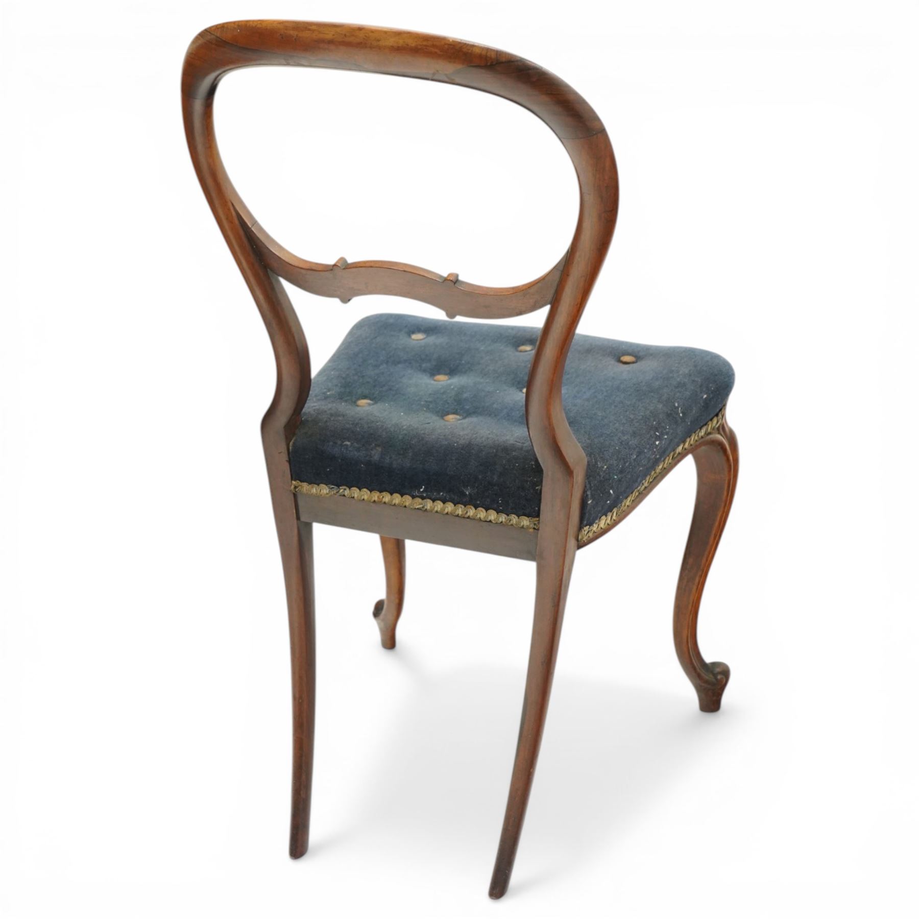 Set of six Victorian rosewood balloon-back dining chairs, seats upholstered in buttoned blue fabric, raised on cabriole supports