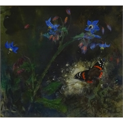  Lily Blatherwick (British 1854-1934): 'Borage and Red Admiral', watercolour with bodycolour signed, titled with artist's address on exhibition label verso 24cm x 26.5cm 
Provenance: private collection; exh. Royal Scottish Society of Painters in Watercolours; with Doig, Wilson & Wheatley, George St. Edinburgh - labels verso 