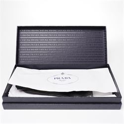 Prada - pair of black lambskin leather gloves, with enamel gold-tone and black triangle logos and silk lined interior, unused with original box