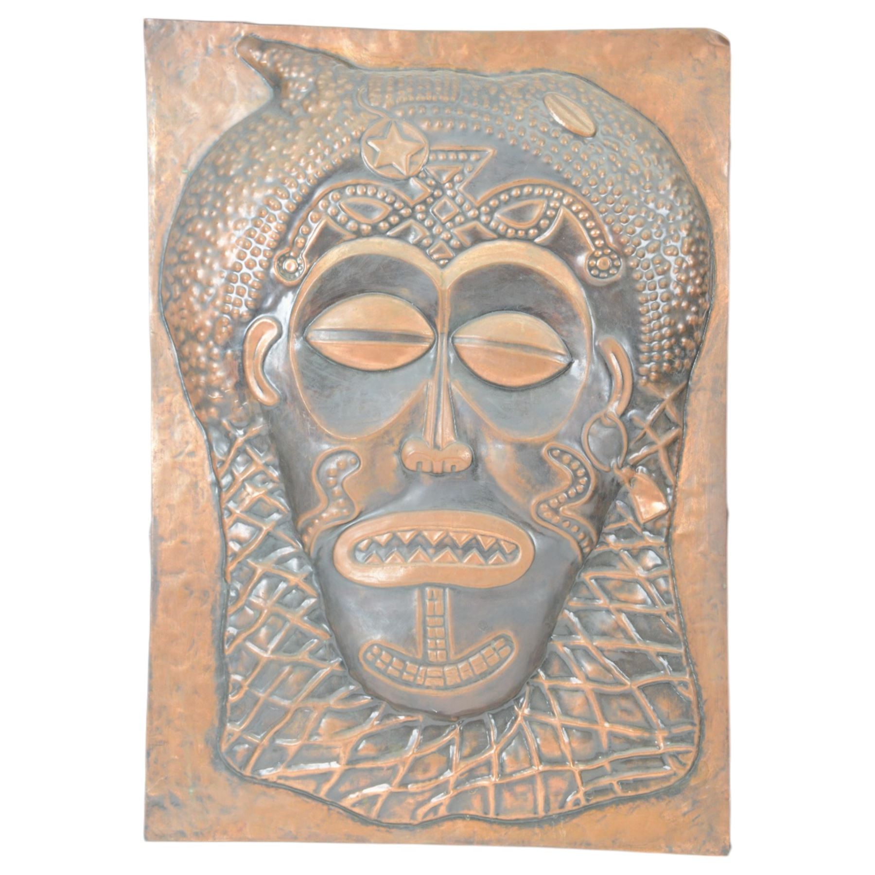 Two Copper embossed panels, the first depicting an African warrior, the second an African mask, H70cm, W50cm
