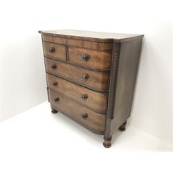 19th century mahogany serpentine front chest, two short and three long drawers, turned supports
