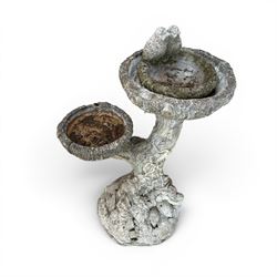 Pair of terracotta circular planters, bark design cast stone two branch bird bath, two small circular stone planters, and three composite circular planters (8)