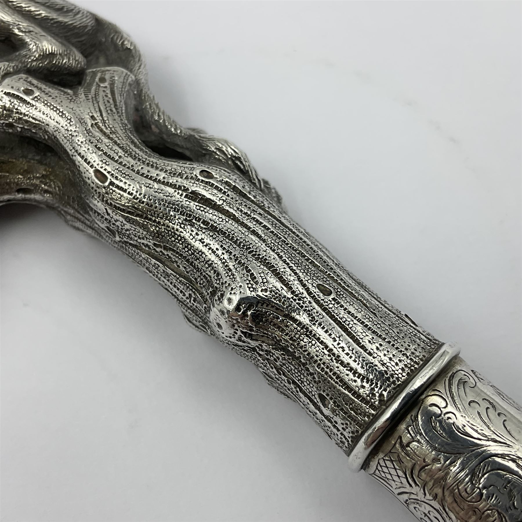 Victorian silver walking cane handle, modelled as a panther upon a tree branch, hallmarked London 1851, maker's mark worn and indistict