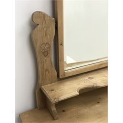 Victorian pine dressing table, raised shaped mirror back, single shelf, two short and two long drawers, shaped plinth base