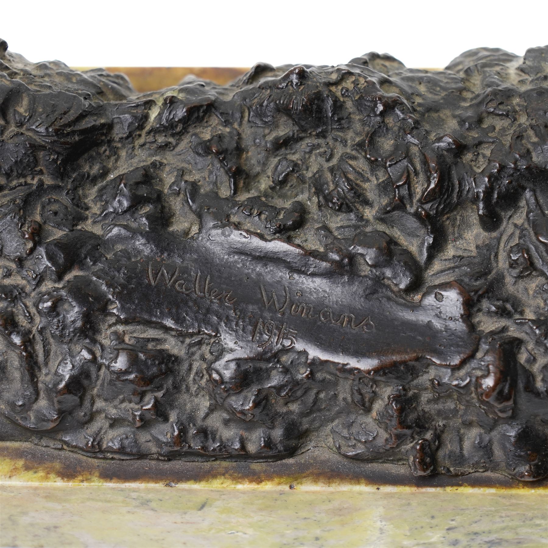 Walter Winans (St Petersburg 1852-1920): The Centauress, bronze model signed and dated 1915 to the naturalistic base, on a rectangular marble plinth, L30.5cm, H42cm

Notes: A finely modelled bronze depicting a rare female centaur, combining classical mythological subject matter with the fluid naturalism characteristic of Winans’ mature work.