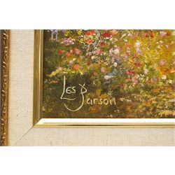 Les Parson (British 1945-): Children Playing in a Flourishing Garden, pair of oils on canvas signed 24.5cm x 29.5cm and 29.5cm x 24.5cm (2)