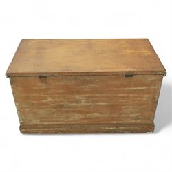 19th century golden oak chest, iron strap carry handles and hinges