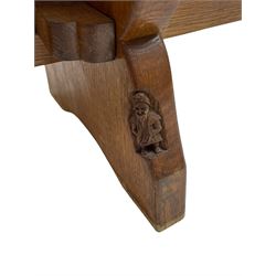 Gnomeman - adzed oak narrow bench, rectangular seat on shaped end supports united by pegged stretcher, carved with gnome signature, by Thomas Whittaker, Little Beck 