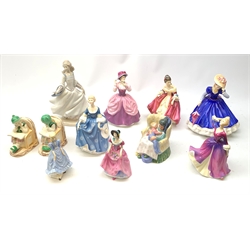 A group of Royal Doulton figurines, comprising Sweet Dreams HN2380, Melissa HN2467, Hilary HN2335, Lady Pamela HN2718, Mary HN3375, Southern Belle HN2229, together with a Lladro figurine (a/f), a smaller Royal Worcester figurine, and a smaller Coalport figurine, plus a pair of unmarked bookends modelled as children (a/f). 