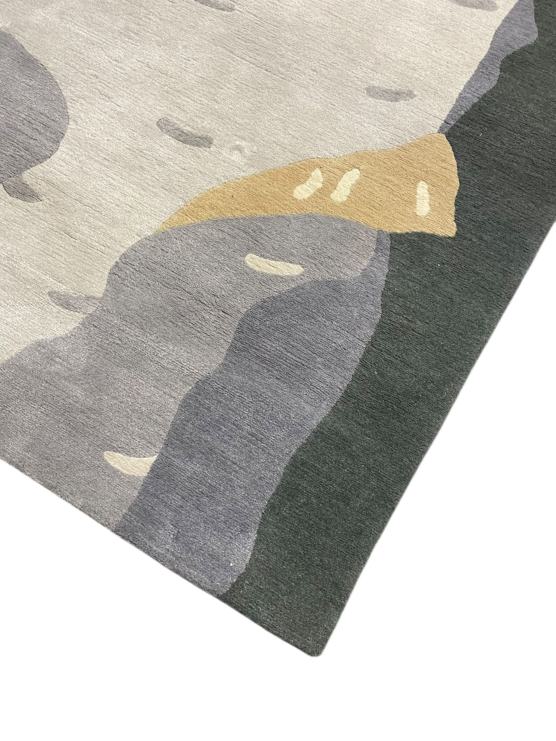 Deirdre Dyson London - 'Birch Tree' abstract rug, shades of grey and green depicting a birch trunk 