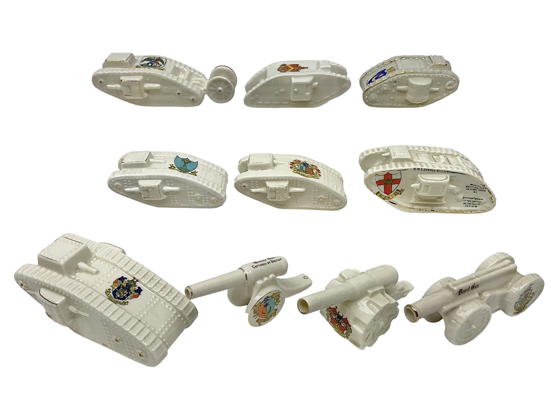 Ten WW1 crested china military models of tanks and field guns; various makers including Goss, Grafton China, Arcadian China, Savoy China etc; various crests including Portsmouth, Brighton, Pendleton, Paignton, Cowes, Flamborough etc (10)
